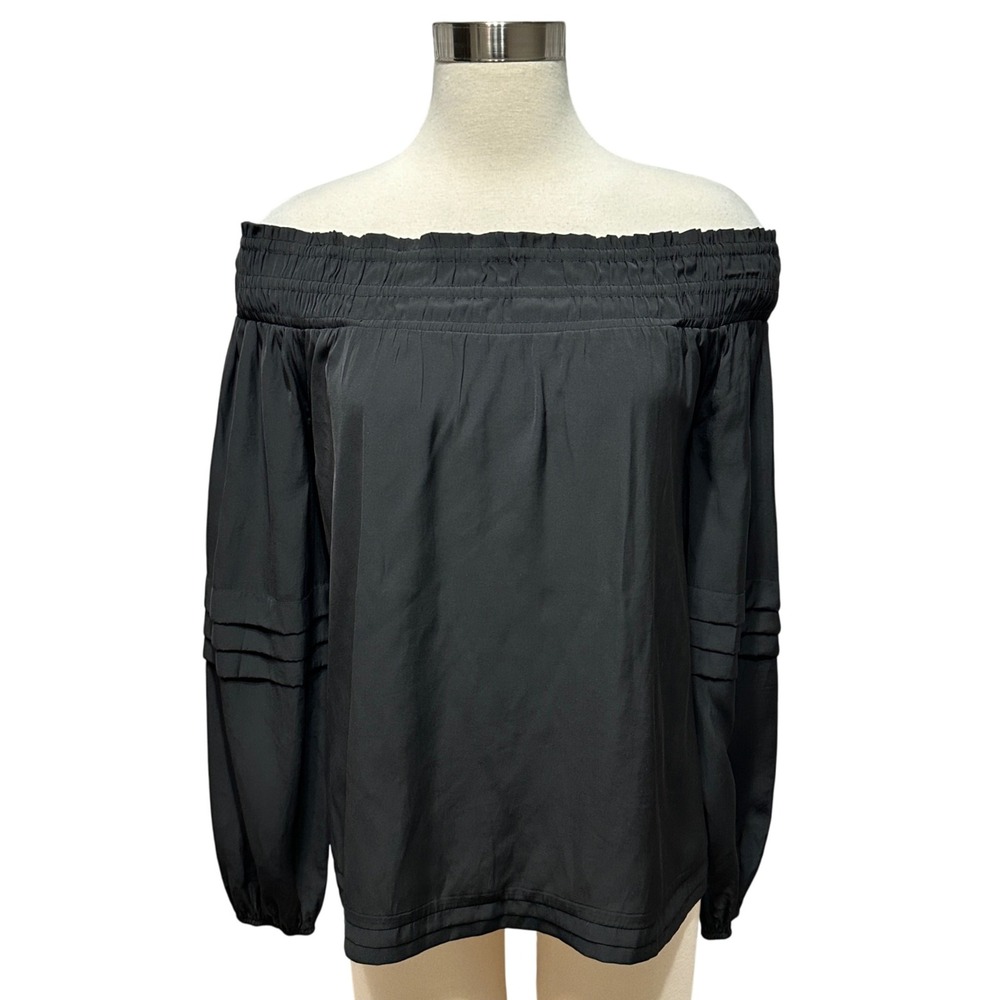 Ramy Brook Aggie Off The Shoulder Smocked Neckline Blouse Womens M Black Chic